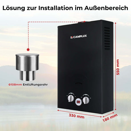 Camplux BW264BC 10 Liter Gasdurchlauferhitzer im Freien 50mbar, Tankless Gasdusche mit Edelstahl-Regenkappe, Propangas/Butangas, für Campingdusche/Wohnmobilausflug/Waschpferd - Xtrusion Overland