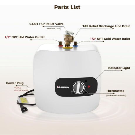 Camplux Electric Mini Tank Water Heater 120V - 8 Gallon - Xtrusion Overland