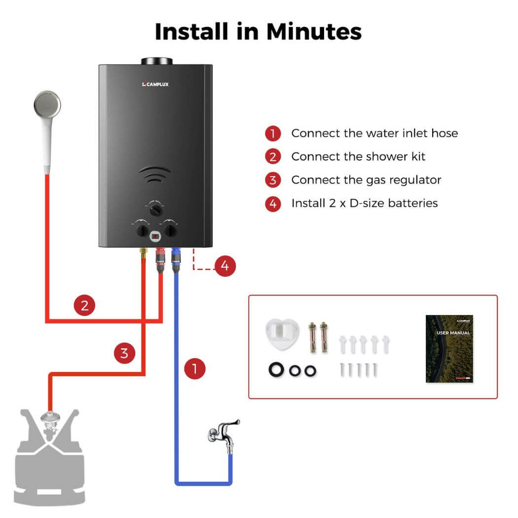 CAMPLUX Gas Water Heater 20 litres, Instant LPG Water Heater for Garden Shower, RV, Tiny House, ECO/Full Mode, BW Series BW528B [Energy Class A] - Xtrusion Overland