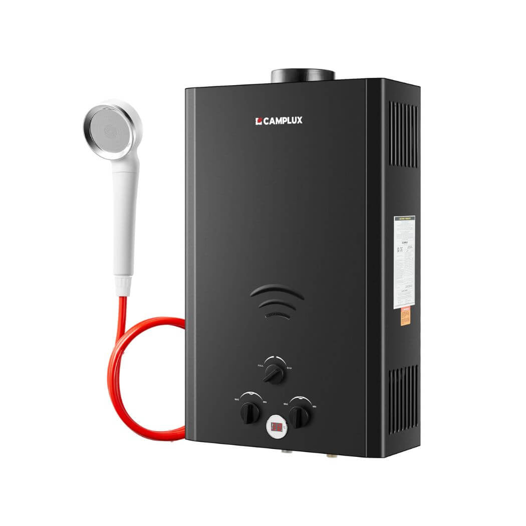 CAMPLUX Gas Water Heater 20 litres, Instant LPG Water Heater for Garden Shower, RV, Tiny House, ECO/Full Mode, BW Series BW528B [Energy Class A] - Xtrusion Overland