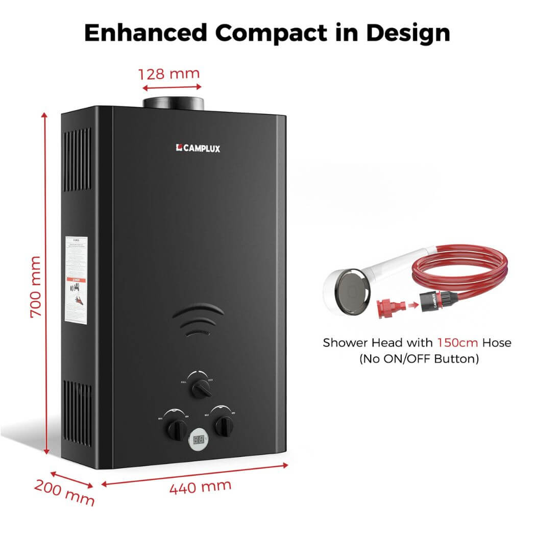 CAMPLUX Gas Water Heater 20 litres, Instant LPG Water Heater for Garden Shower, RV, Tiny House, ECO/Full Mode, BW Series BW528B [Energy Class A] - Xtrusion Overland