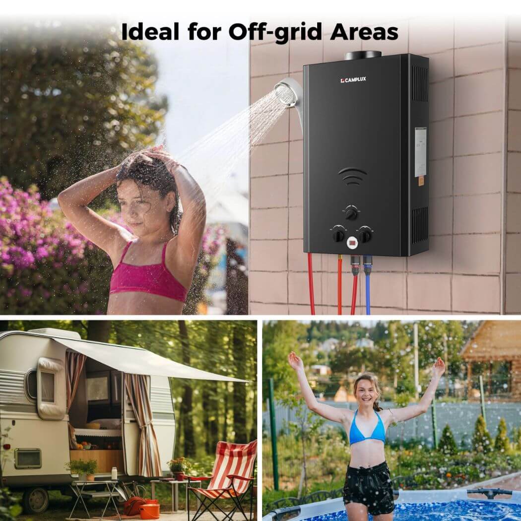 CAMPLUX Gas Water Heater 20 litres, Instant LPG Water Heater for Garden Shower, RV, Tiny House, ECO/Full Mode, BW Series BW528B [Energy Class A] - Xtrusion Overland