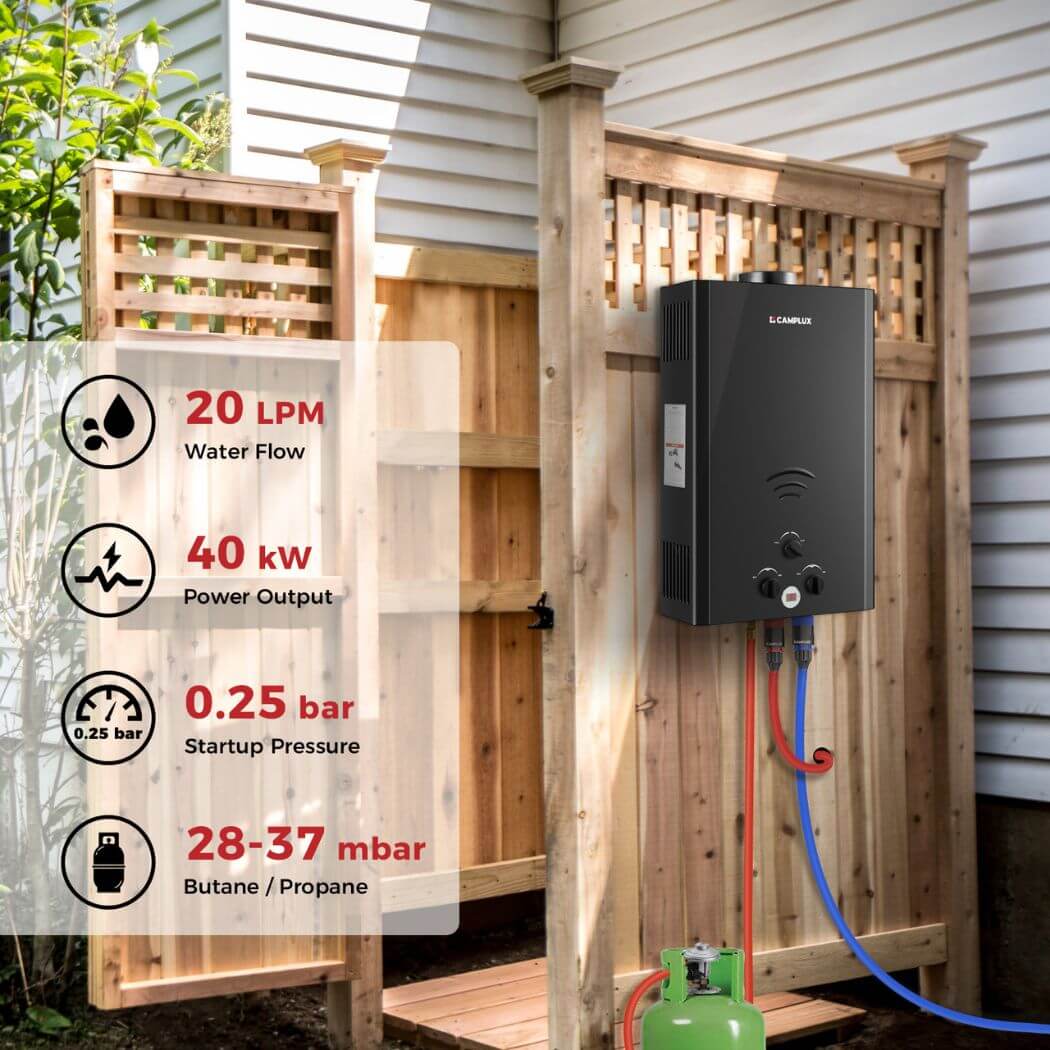 CAMPLUX Gas Water Heater 20 litres, Instant LPG Water Heater for Garden Shower, RV, Tiny House, ECO/Full Mode, BW Series BW528B [Energy Class A] - Xtrusion Overland