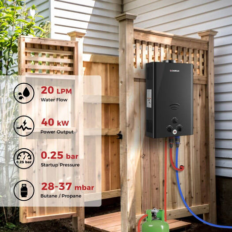 CAMPLUX Gas Water Heater 20 litres, Instant LPG Water Heater for Garden Shower, RV, Tiny House, ECO/Full Mode, BW Series BW528B [Energy Class A] - Xtrusion Overland