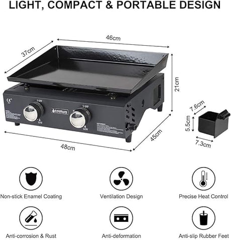 Camplux GP102B Portable 2 Burners Gas Plancha, Garden BBQ Griddle Grill 4.0kW, Outdoor Picnics, Suitable for Butane/Propane Gas - Xtrusion Overland