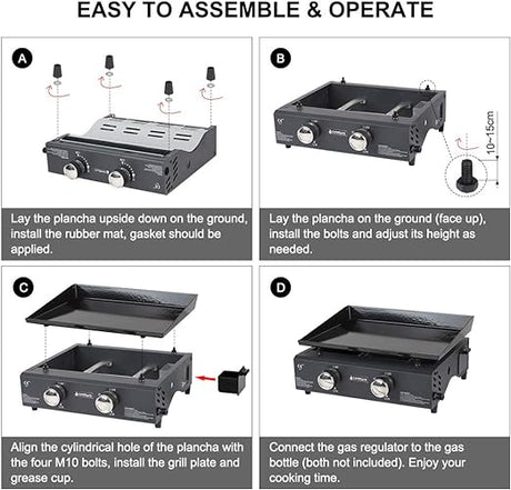 Camplux GP102B Portable 2 Burners Gas Plancha, Garden BBQ Griddle Grill 4.0kW, Outdoor Picnics, Suitable for Butane/Propane Gas - Xtrusion Overland