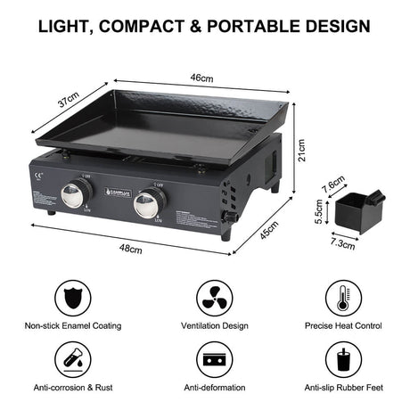Camplux GP102B Tragbarer 2 Brenner Gasgrill Schwarz, 1700cm², ideal zum Kochen im Freien und Camping - Xtrusion Overland