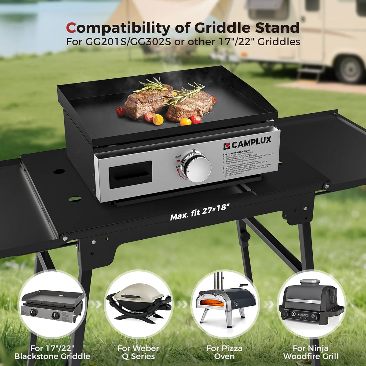 CAMPLUX Griddle Stand for 17” / 22” Tabletop Griddles, Foldable Grill Stand with Dual Side Shelves, 18.1–29.2” Adjustable Height, Anti-Rust Outdoor Griddle Table for Camping & Tailgating - Xtrusion Overland