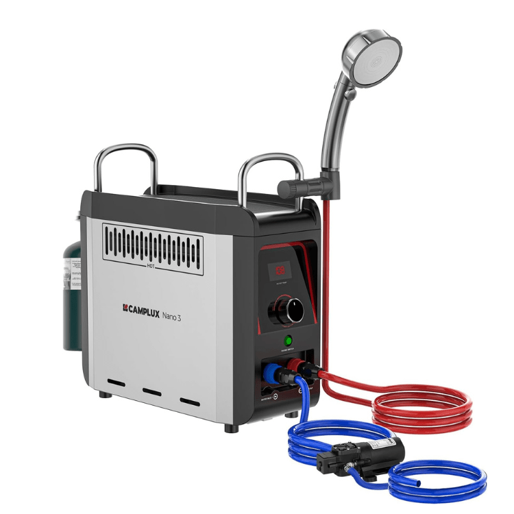 CAMPLUX Nano 3 Portable Propane Water Heater with Pump Kit, Compact & Lightweight Design, Quick Connect Pump Cables & Extension Hoses, Outdoor Camping Shower for Off-Grid Cabin, Hiking, RV - Xtrusion Overland
