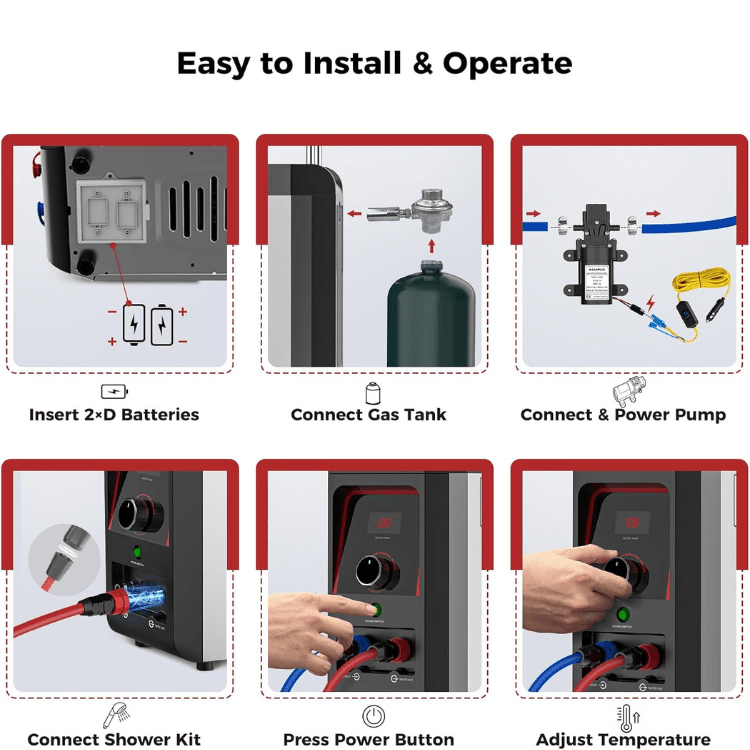 CAMPLUX Nano 3 Portable Propane Water Heater with Pump Kit, Compact & Lightweight Design, Quick Connect Pump Cables & Extension Hoses, Outdoor Camping Shower for Off-Grid Cabin, Hiking, RV - Xtrusion Overland