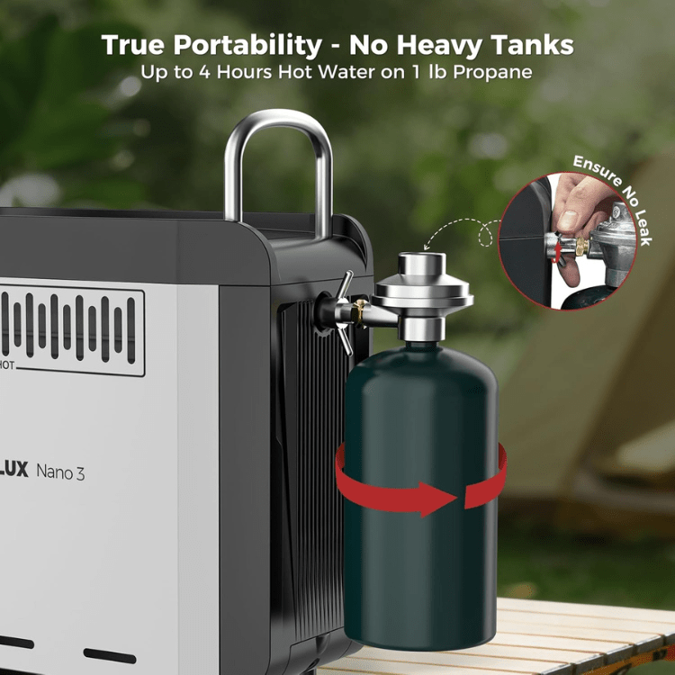 CAMPLUX Nano 3 Portable Propane Water Heater with Pump Kit, Compact & Lightweight Design, Quick Connect Pump Cables & Extension Hoses, Outdoor Camping Shower for Off-Grid Cabin, Hiking, RV - Xtrusion Overland