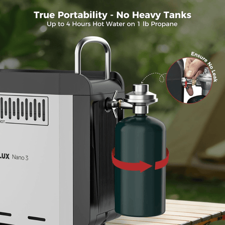 CAMPLUX Nano 3 Portable Propane Water Heater with Pump Kit, Compact & Lightweight Design, Quick Connect Pump Cables & Extension Hoses, Outdoor Camping Shower for Off-Grid Cabin, Hiking, RV - Xtrusion Overland