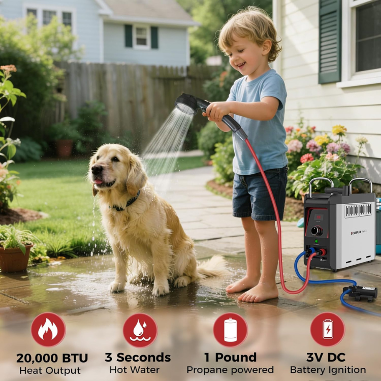 CAMPLUX Nano 3 Portable Propane Water Heater with Pump Kit, Compact & Lightweight Design, Quick Connect Pump Cables & Extension Hoses, Outdoor Camping Shower for Off-Grid Cabin, Hiking, RV - Xtrusion Overland