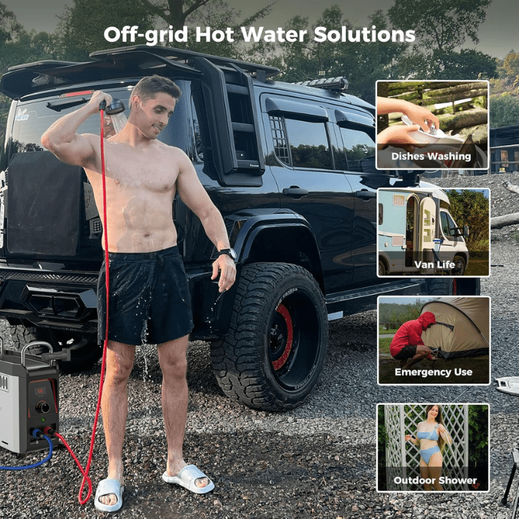 CAMPLUX Nano 3 Portable Propane Water Heater with Pump Kit, Compact & Lightweight Design, Quick Connect Pump Cables & Extension Hoses, Outdoor Camping Shower for Off-Grid Cabin, Hiking, RV - Xtrusion Overland