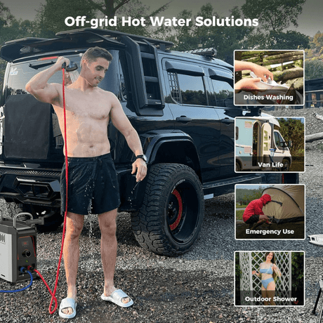 CAMPLUX Nano 3 Portable Propane Water Heater with Pump Kit, Compact & Lightweight Design, Quick Connect Pump Cables & Extension Hoses, Outdoor Camping Shower for Off-Grid Cabin, Hiking, RV - Xtrusion Overland