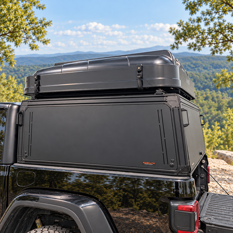 Xoskeleton truck topper cap from the side on a black Jeep Gladiator