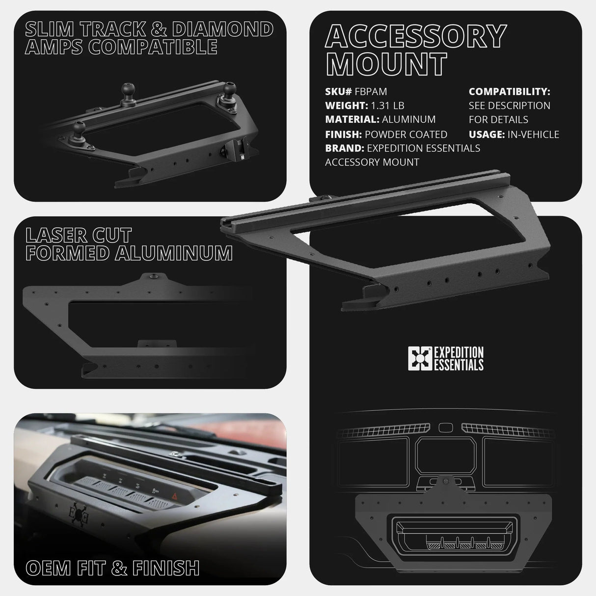 Expedition Essentials Dash Mount With Dual Phone Holders, GoPro and CB Mic Holders | 2021-2025 Ford Bronco & Bronco Raptor (Non-Sport) - Xtrusion Overland