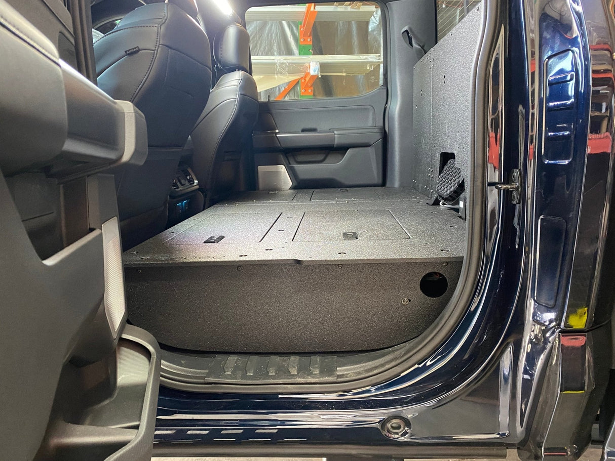 Ford - F150 2021 - Present - 14th Gen. SuperCrew - Second Row Seat Delete Plate System with Factory B&O Subwoofer Center Wall with Exterior Port - Xtrusion Overland