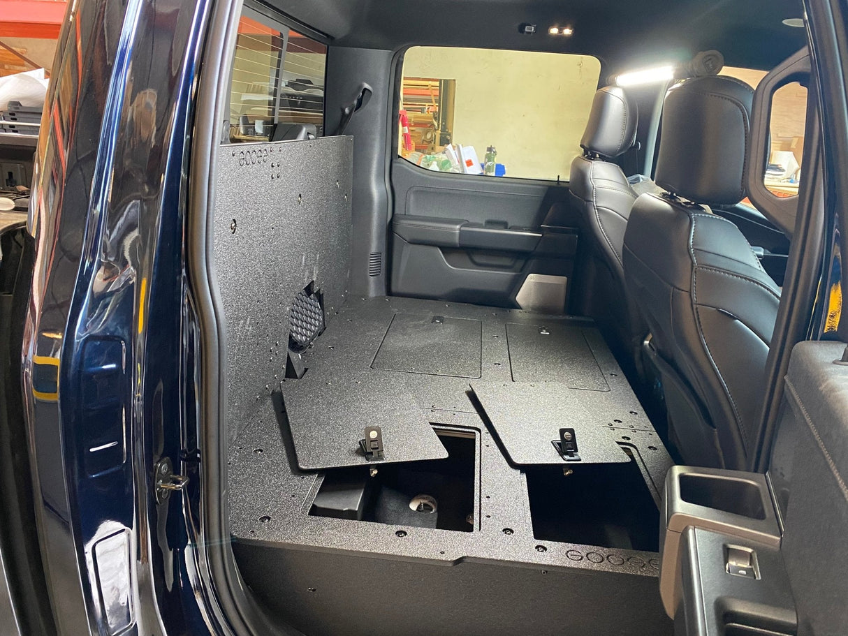 Ford - F150 2021 - Present - 14th Gen. SuperCrew - Second Row Seat Delete Plate System with Factory B&O Subwoofer Center Wall with Exterior Port - Xtrusion Overland