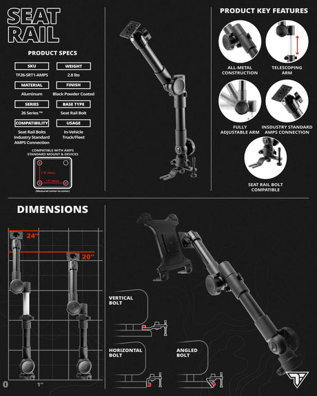 Heavy Duty Seat Rail/Floor Bolt Mount | 20"-24" Aluminum Telescoping Arm | Ford F-Series | Tablet Holder - Xtrusion Overland