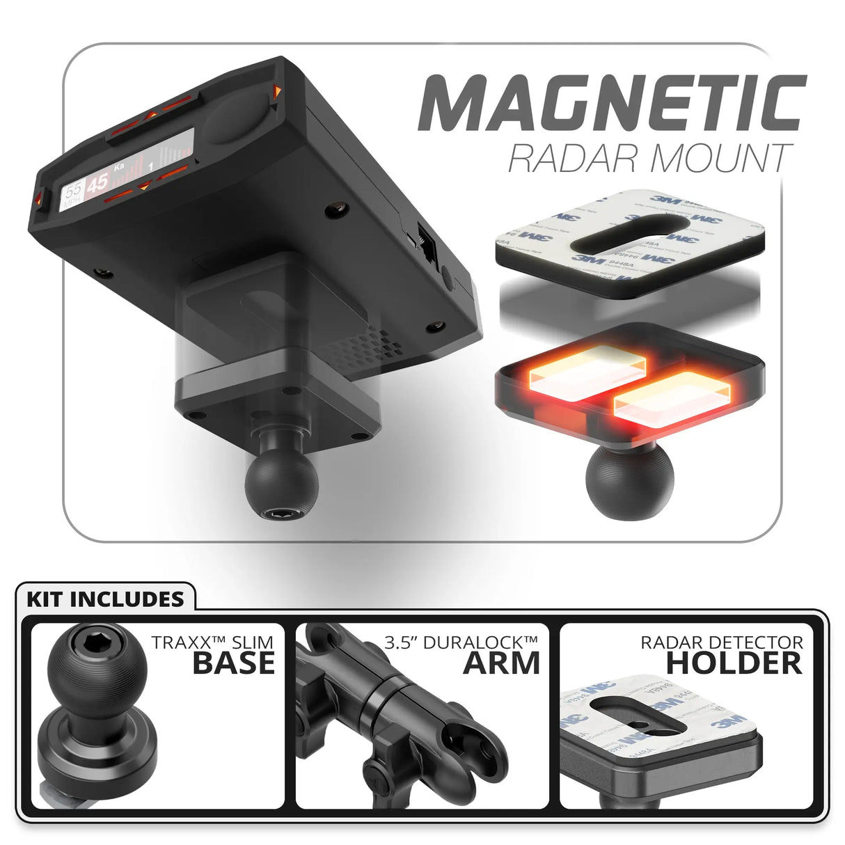 Magnetic Radar Detector Holder | Slim Track Base | 3.5" DuraLock™ Arm - Xtrusion Overland