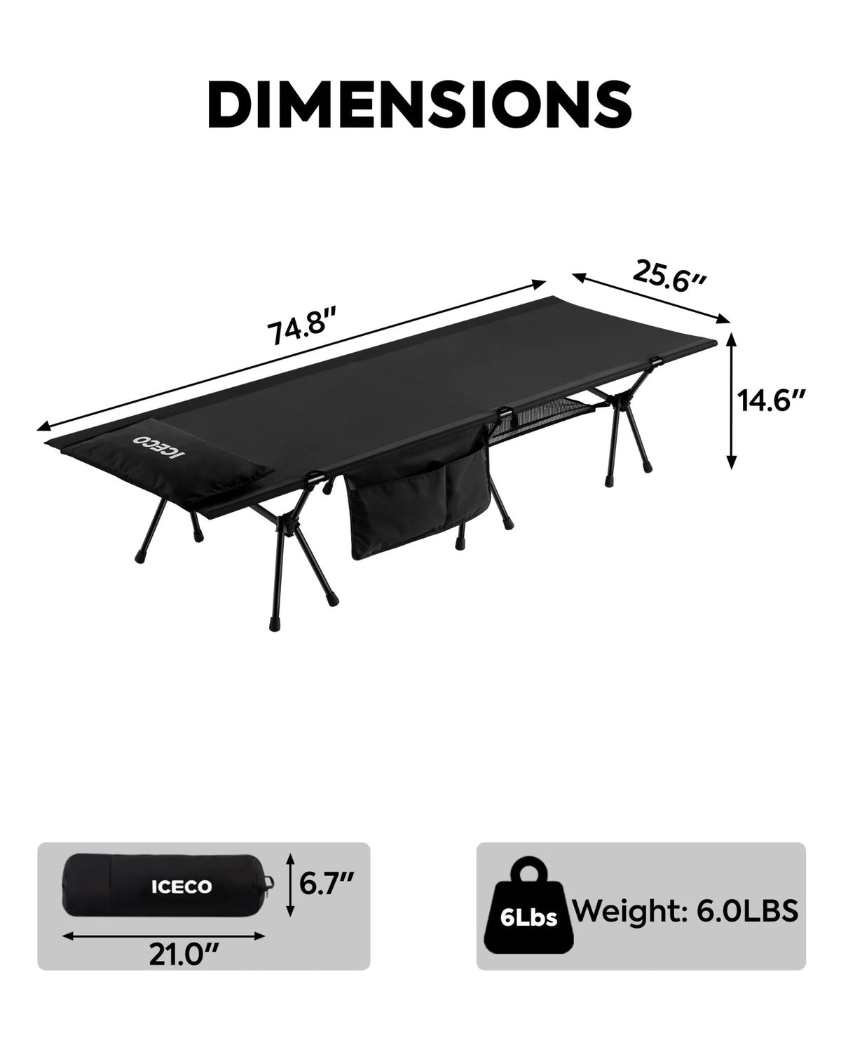 Portable L Size Camping Cot in Black | ICECO - Xtrusion Overland
