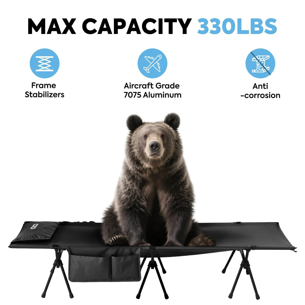 Portable L Size Camping Cot in Black | ICECO - Xtrusion Overland
