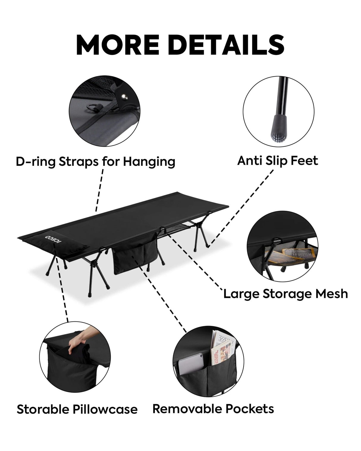 Portable L Size Camping Cot in Black | ICECO - Xtrusion Overland