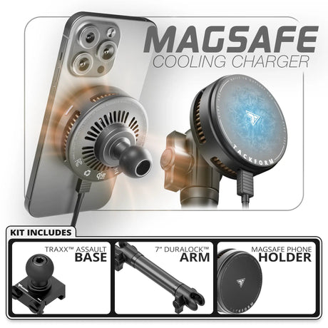Qi2.2/MagSafe Charging & Cooling Phone Holder | Assault Track Picatinny Base | 7" DuraLock Arm - Xtrusion Overland