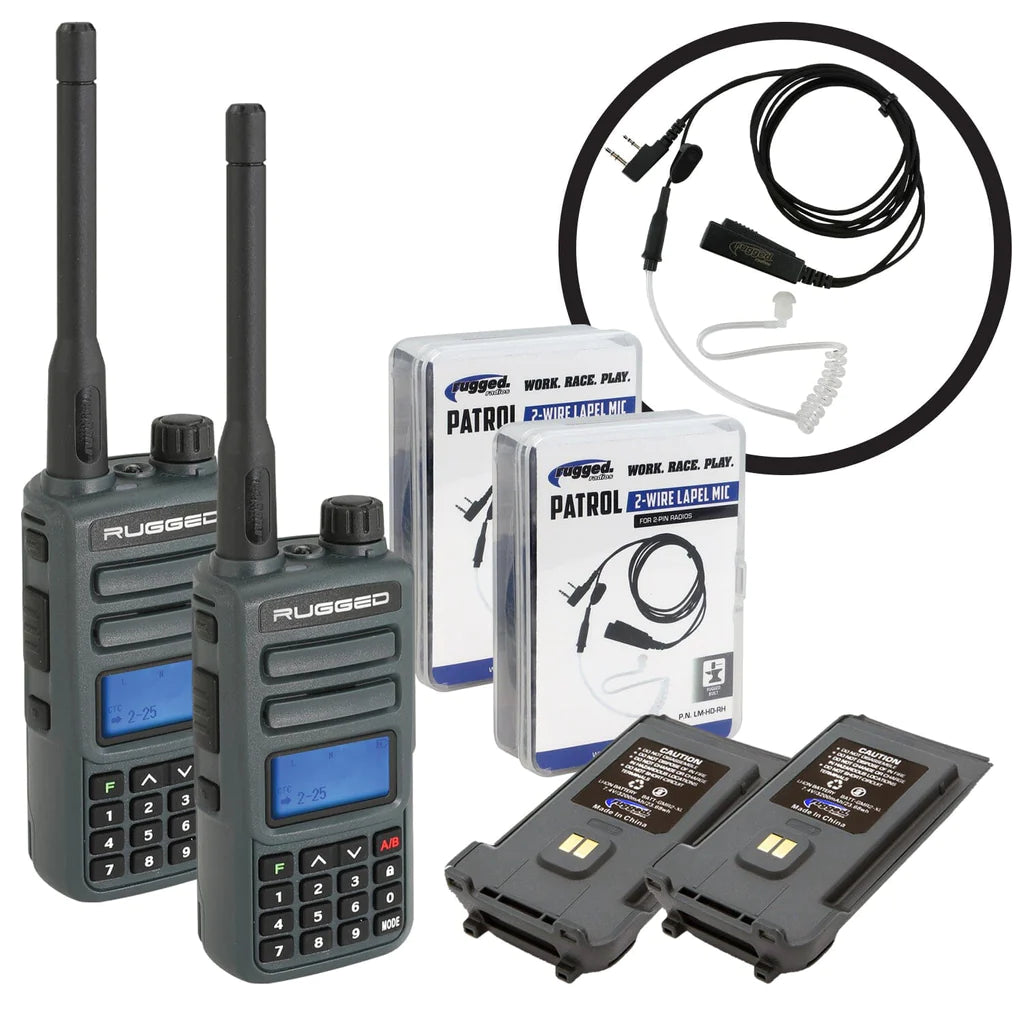 Rugged Radios GREAT OUTDOORS PACK - GMR2 GMRS and FRS Two Way Handheld Radios with Lapel Mics and XL Batteries