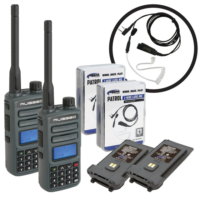 Rugged Radios GREAT OUTDOORS PACK - GMR2 GMRS and FRS Two Way Handheld Radios with Lapel Mics and XL Batteries - Xtrusion Overland