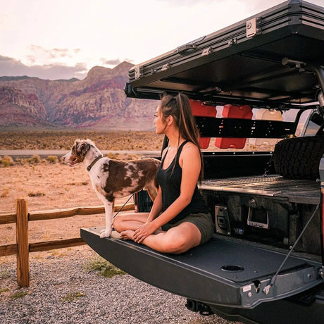 Ram Truck (2010-2020) 1500/2500/3500 Tailgate TrailGate Insert with cup holders and a dog and a woman on the TrailGate
