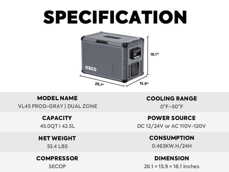 VL45ProD Dual Zone Portable Freezer - Gray | ICECO - Xtrusion Overland