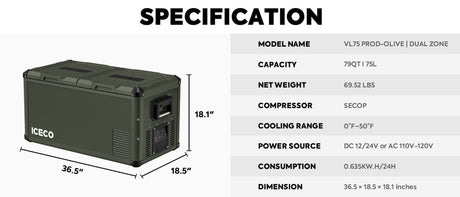 VL75ProD Olive 12V Heavy Duty Fridge Freezer | ICECO | 75 LT - Xtrusion Overland