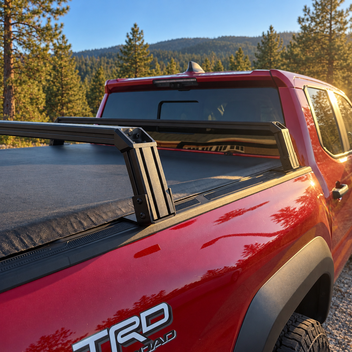Close-up of an XBRS bed bar bracket on the bed rail of a red 2024+ Toyota Tacoma with a tonneau cover