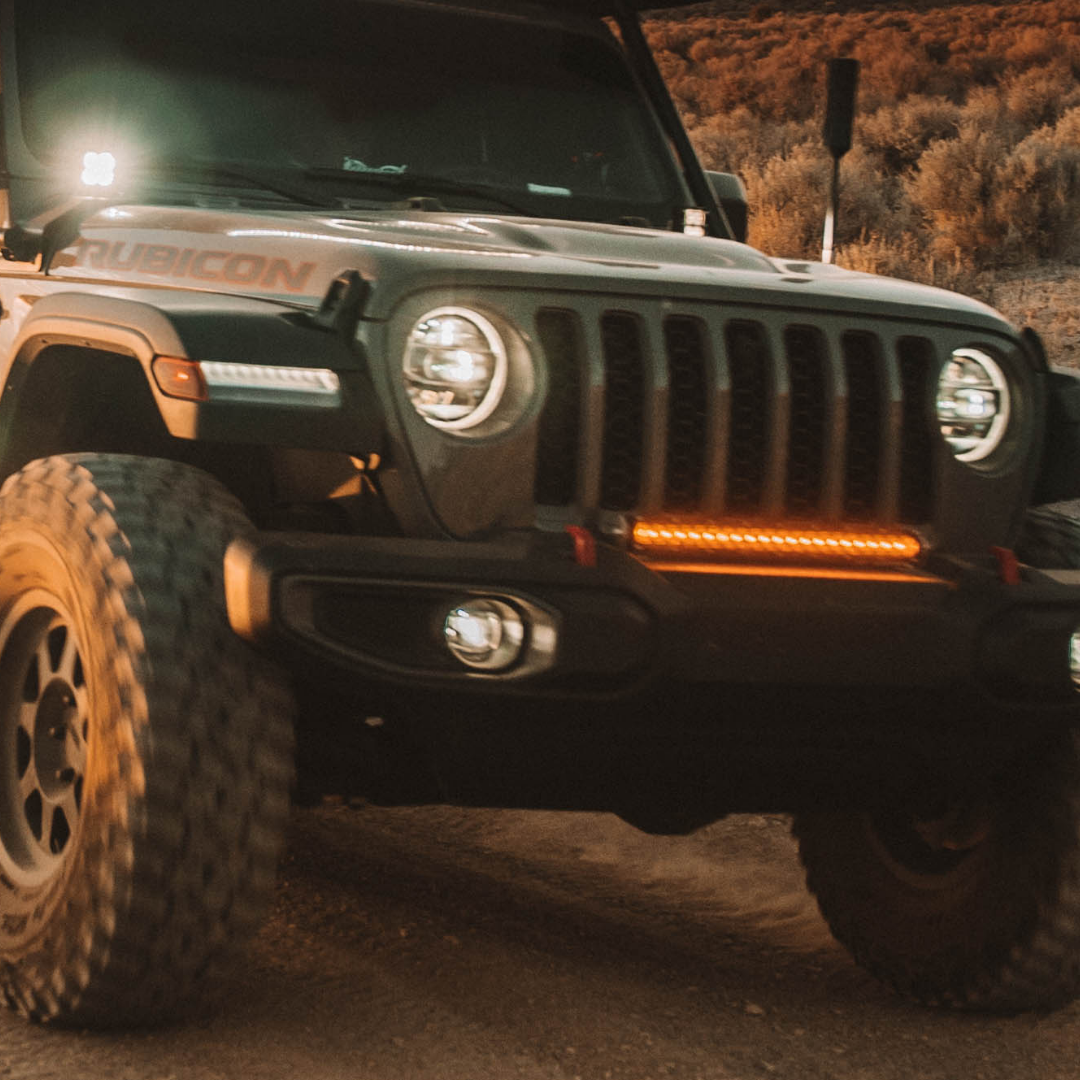 heretics 20 inch amber led light bar mounted on a jeep rubicon 
