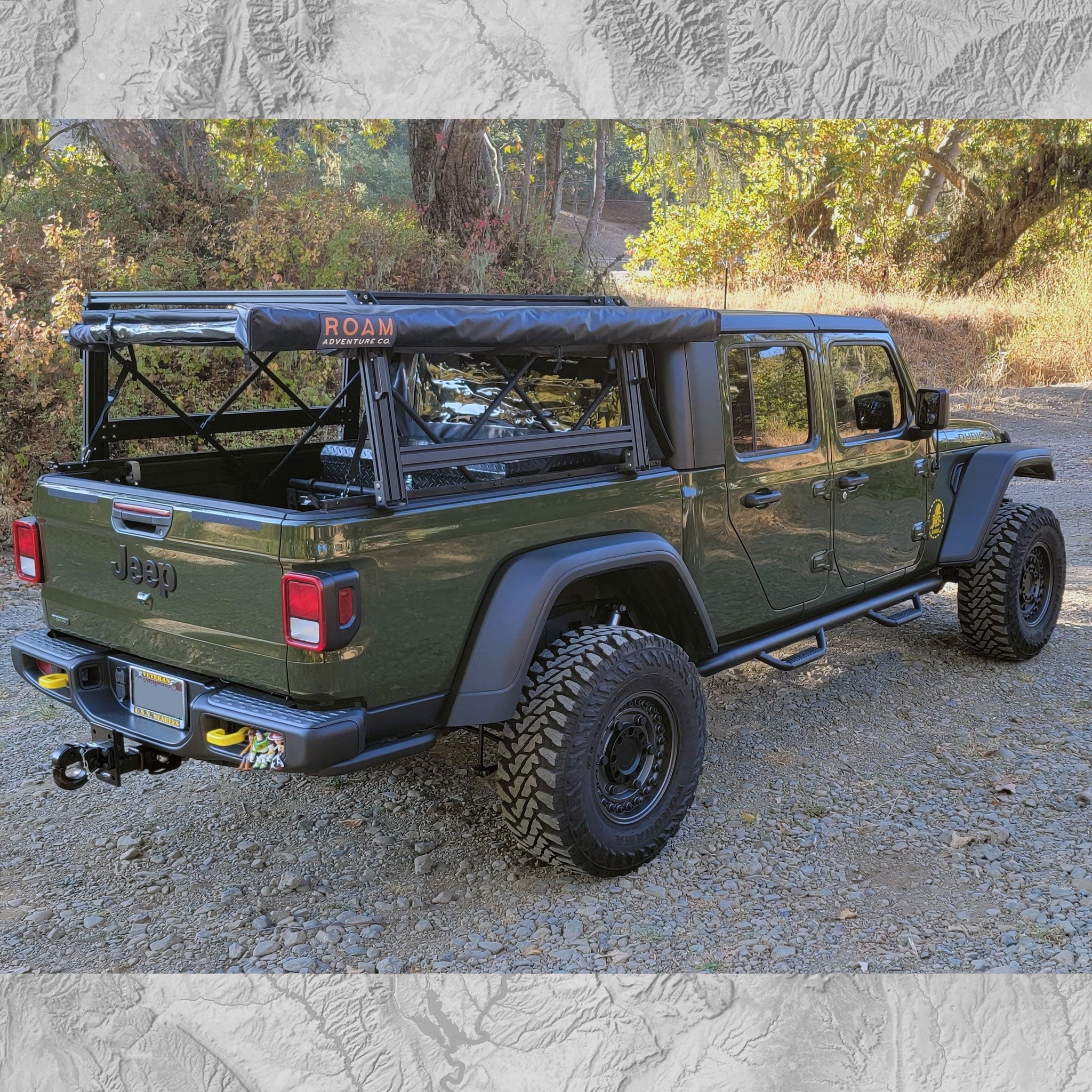 Jeep Gladiator Rubicon with XTR1 Bed Rack, Awning, and open Soft Topper.  