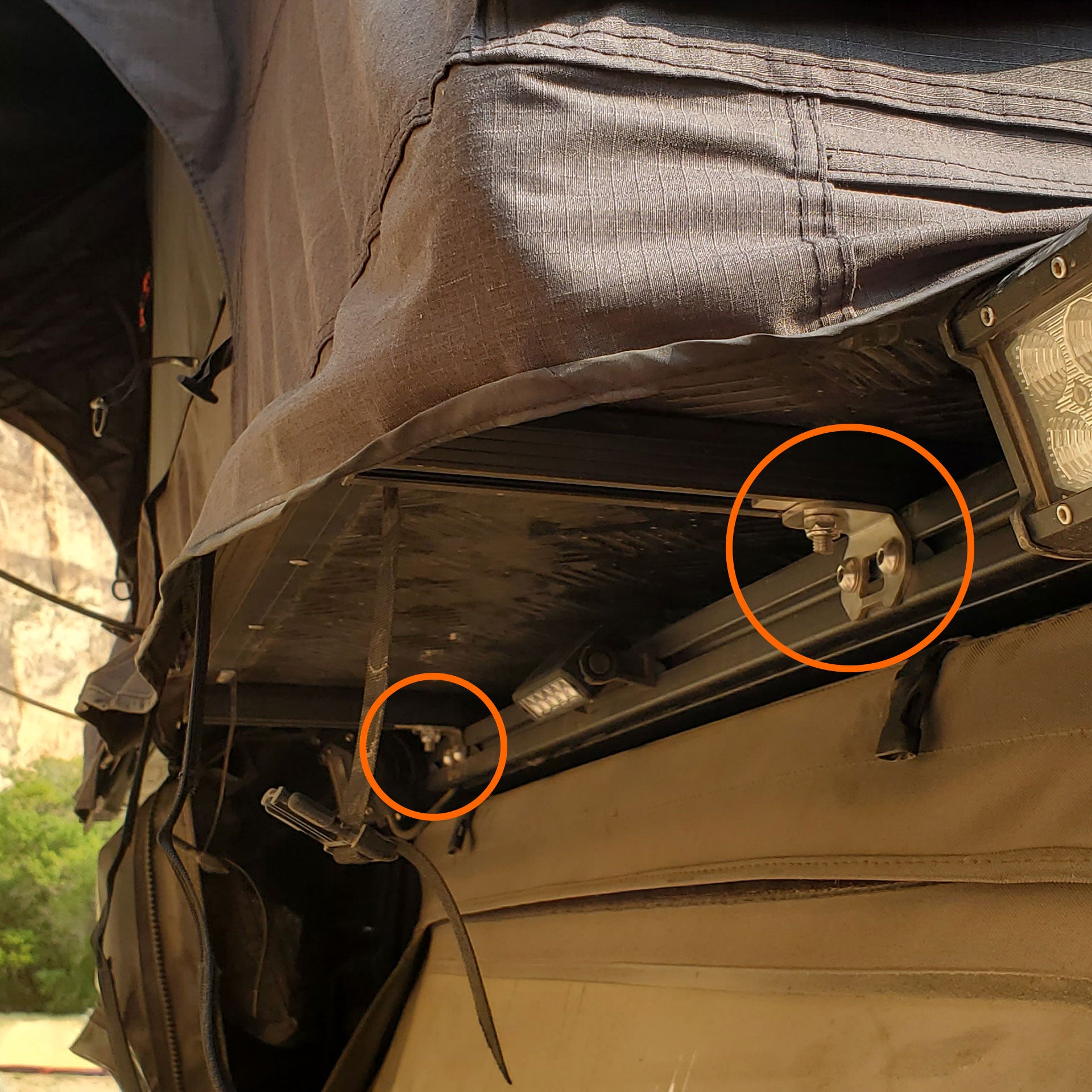 Installed Stainless Steel XTR1 Roof Top Tent Brackets Circled