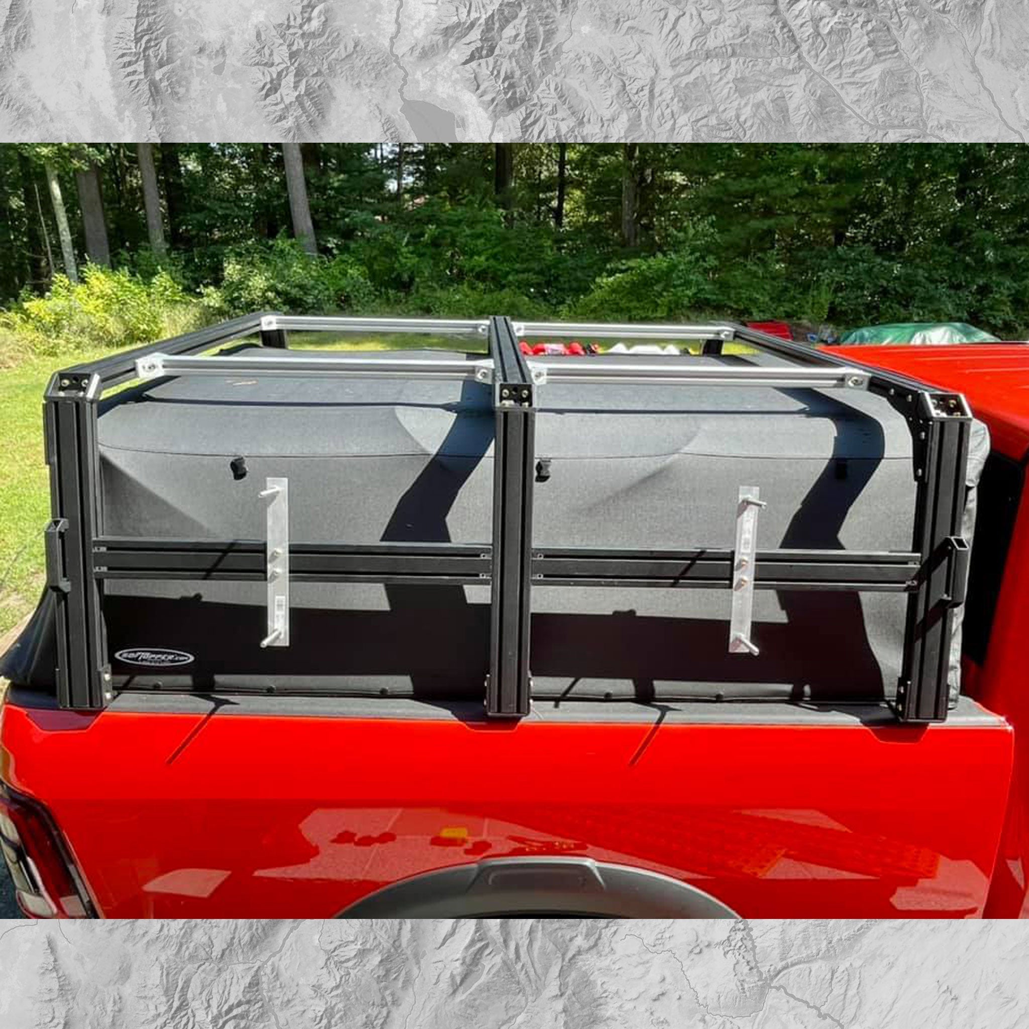 RAM 2500 Xtrusion Overland XTR1 HD (Heavy Duty) Bed Rack build with triple column uprights, traction boards mounts, and SofTopper