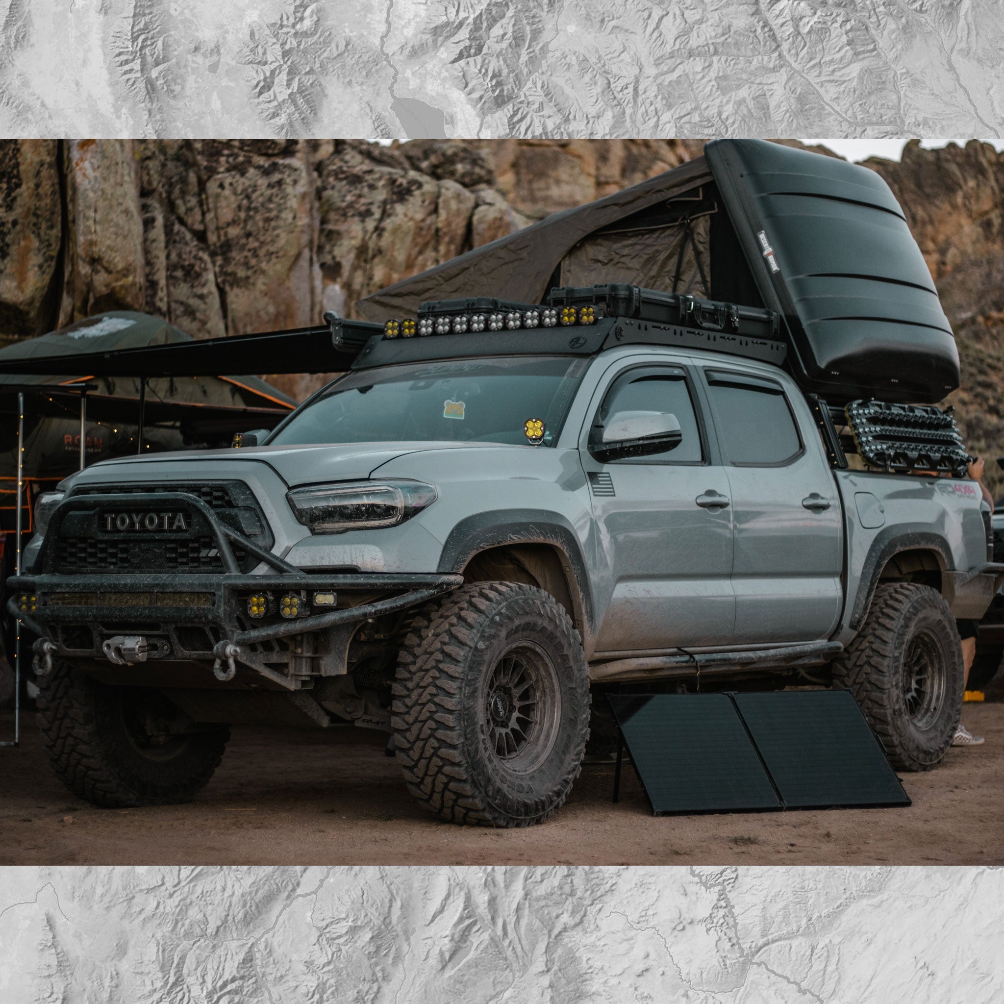 The Dark Yota a Toyota Tacoma with 20 degree XTR1 overlanding bed rack, standard wing bed brackets, 14 inch height, and HD triple column setup.
