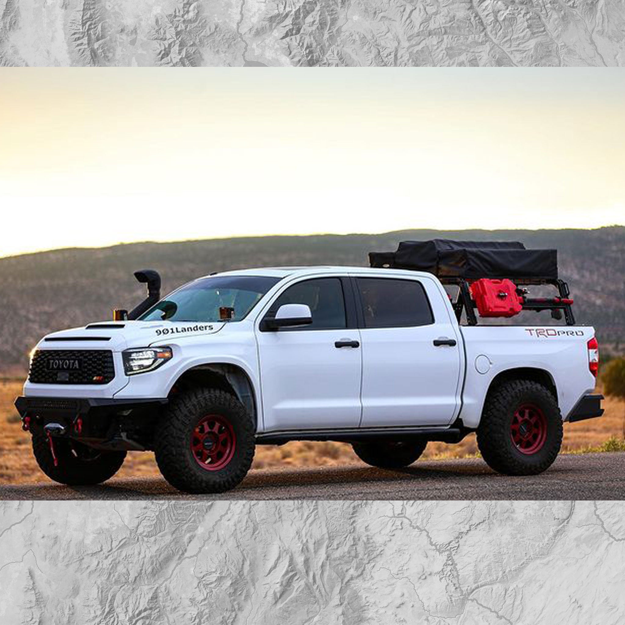 Toyota Tundra with Xtrusion Overland XTR1 Bed Rack with mounted roof top tent and RotoPax.