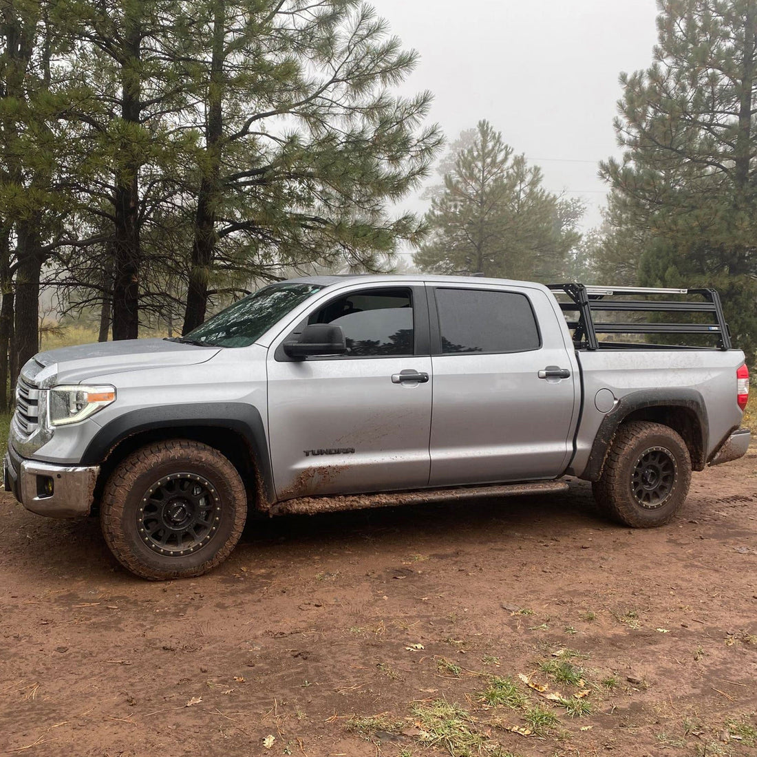 Toyota Tundra with basic Xtrusion Overland XTR1 Bed Rack with double side brace and Off-Road corner plates.